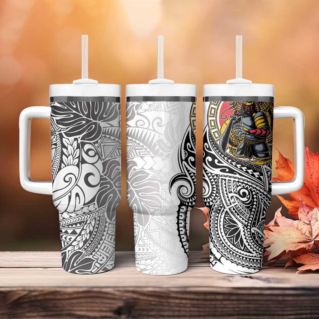 Japanese Samurai Warrior Tumbler With Handle White Polynesian Tattoo Style LT9 - Polynesian Pride