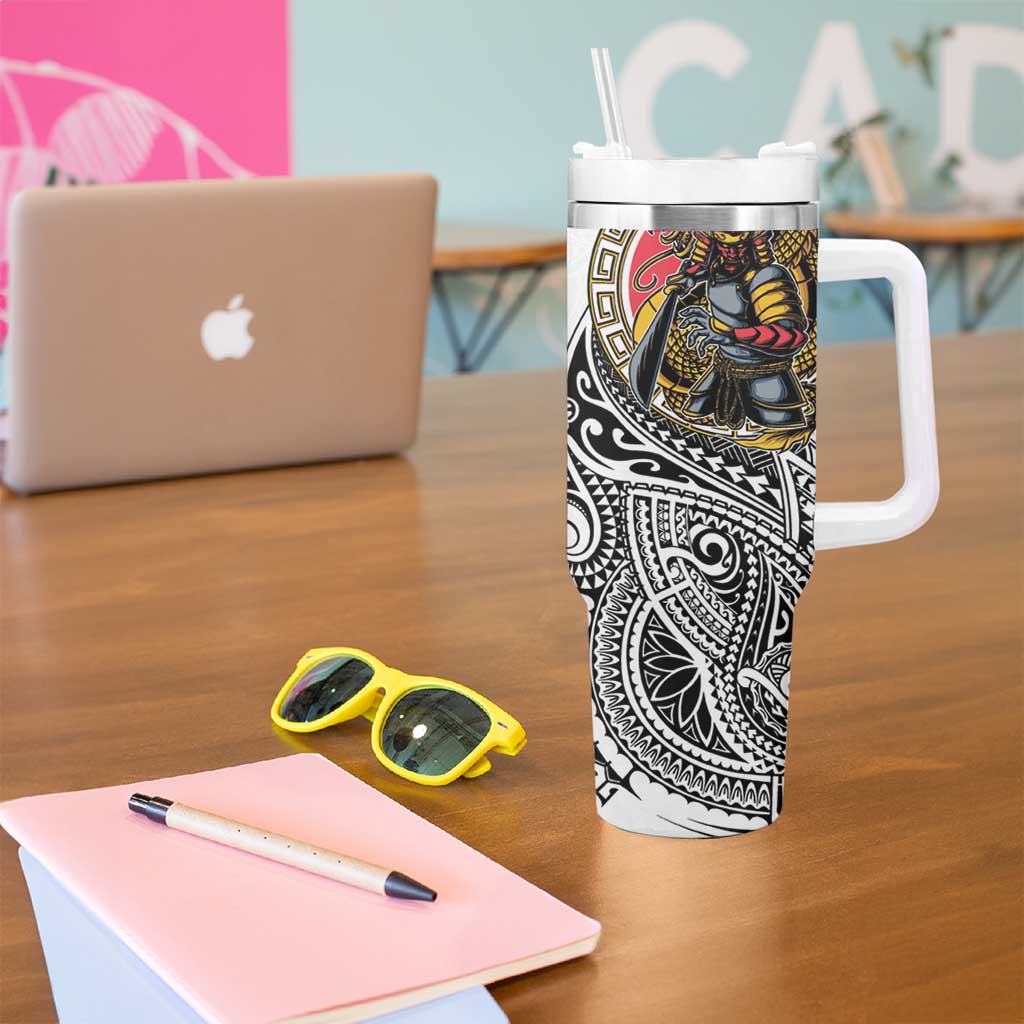 Japanese Samurai Warrior Tumbler With Handle White Polynesian Tattoo Style LT9 - Polynesian Pride
