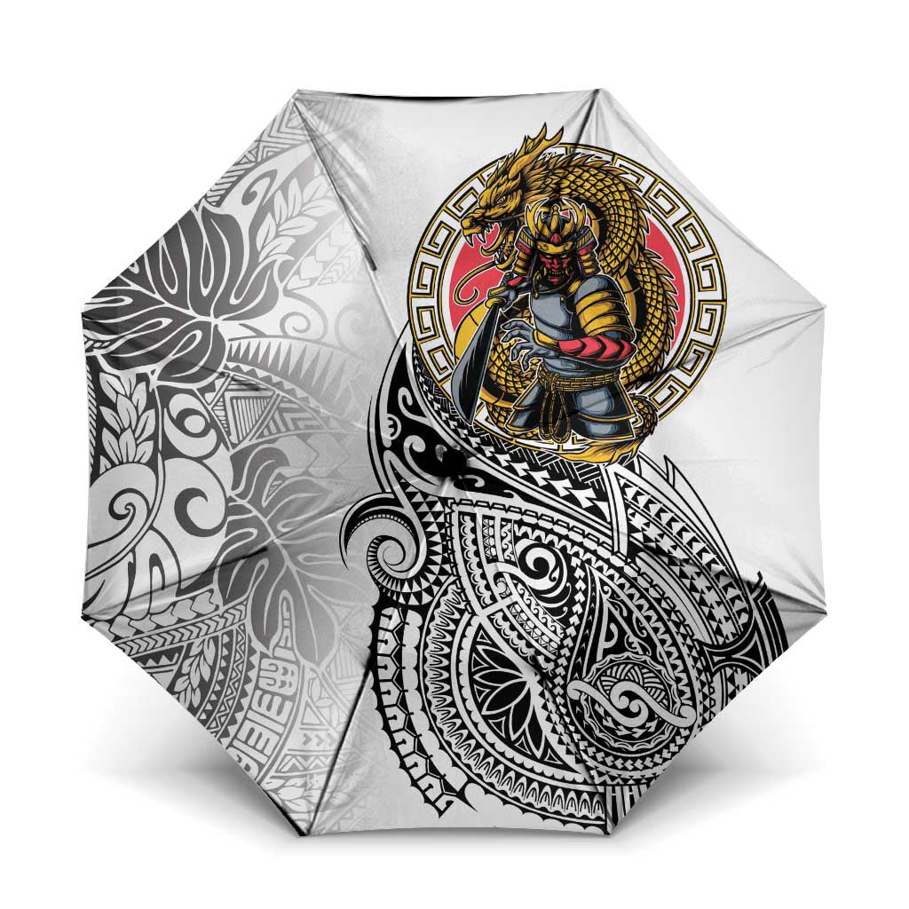 Japanese Samurai Warrior Umbrella White Polynesian Tattoo Style LT9 One Size Folded 11.42 inch Opened Diameter 37.4 inch White - Polynesian Pride