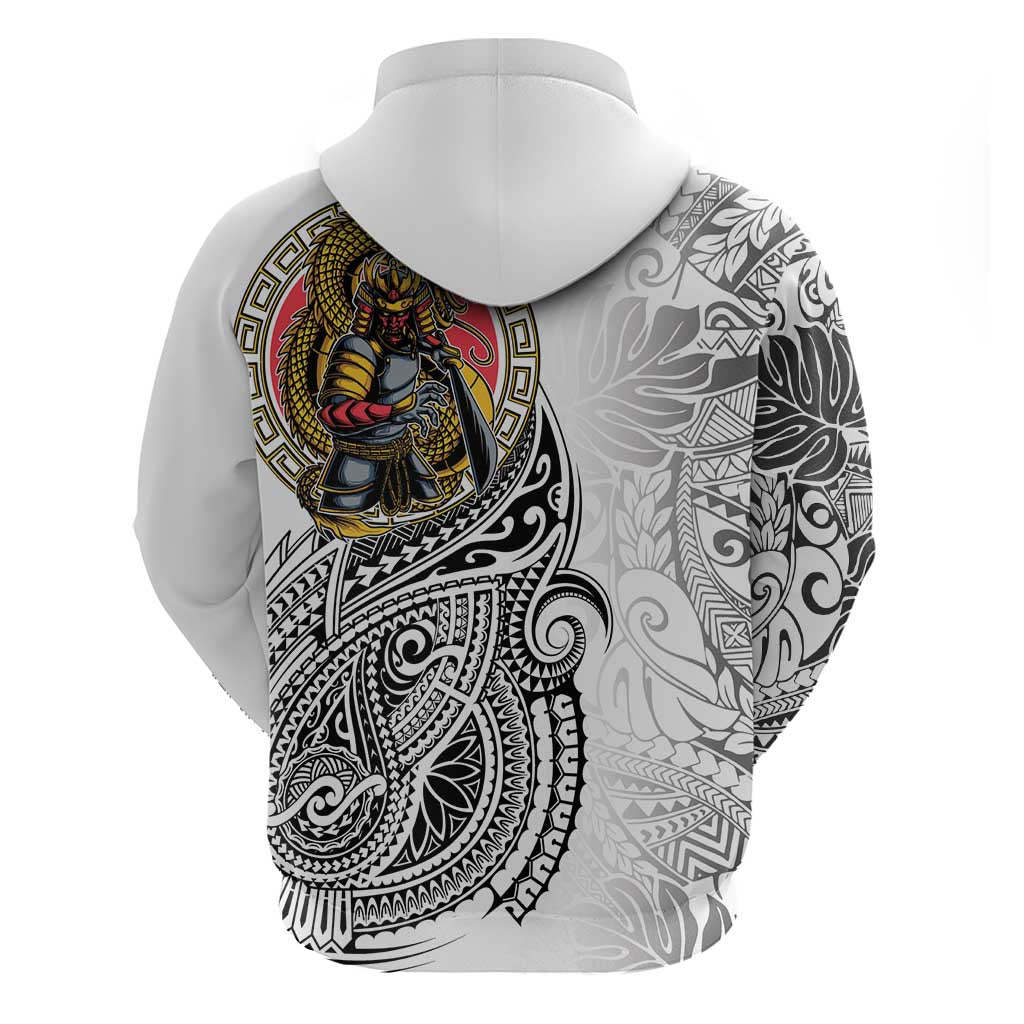 Japanese Samurai Warrior Zip Hoodie White Polynesian Tattoo Style LT9 - Polynesian Pride