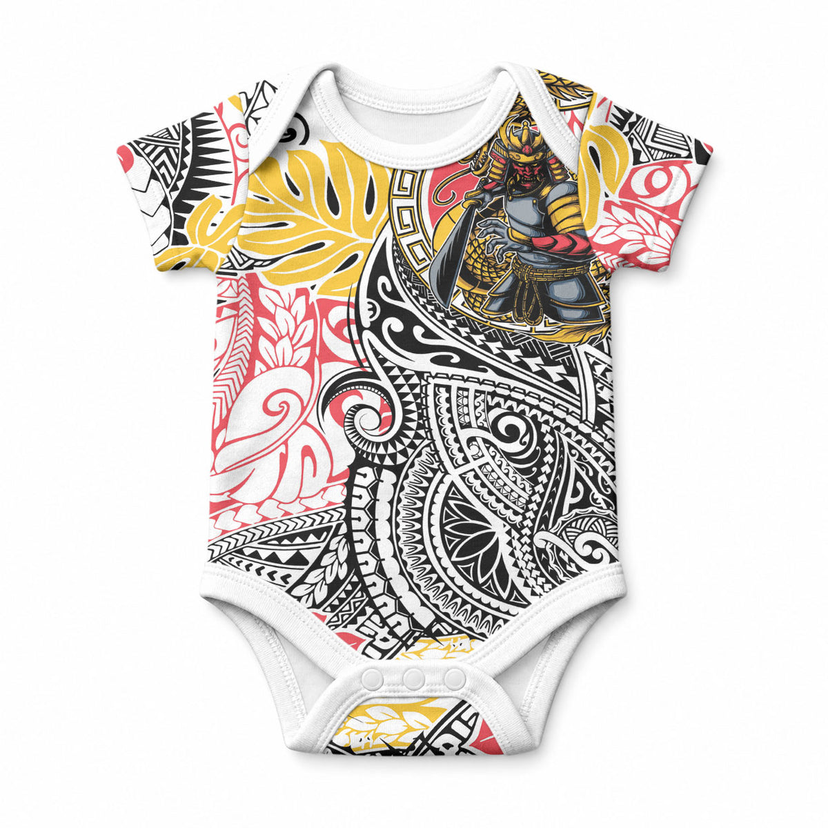 Japanese Samurai Warrior Baby Onesie Colorful Polynesian Tattoo Style LT9 White - Polynesian Pride