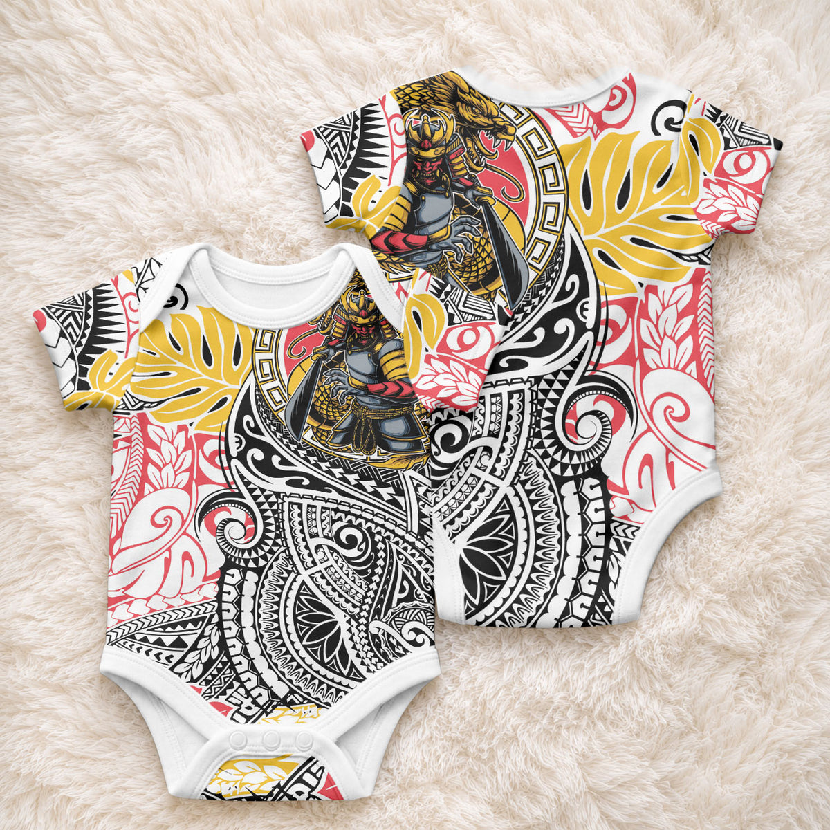 Japanese Samurai Warrior Baby Onesie Colorful Polynesian Tattoo Style LT9 - Polynesian Pride