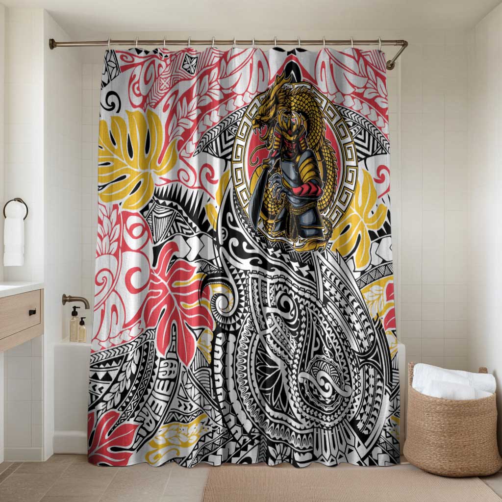 Japanese Samurai Warrior Bathroom Set Colorful Polynesian Tattoo Style LT9 Shower Curtain Only White - Polynesian Pride