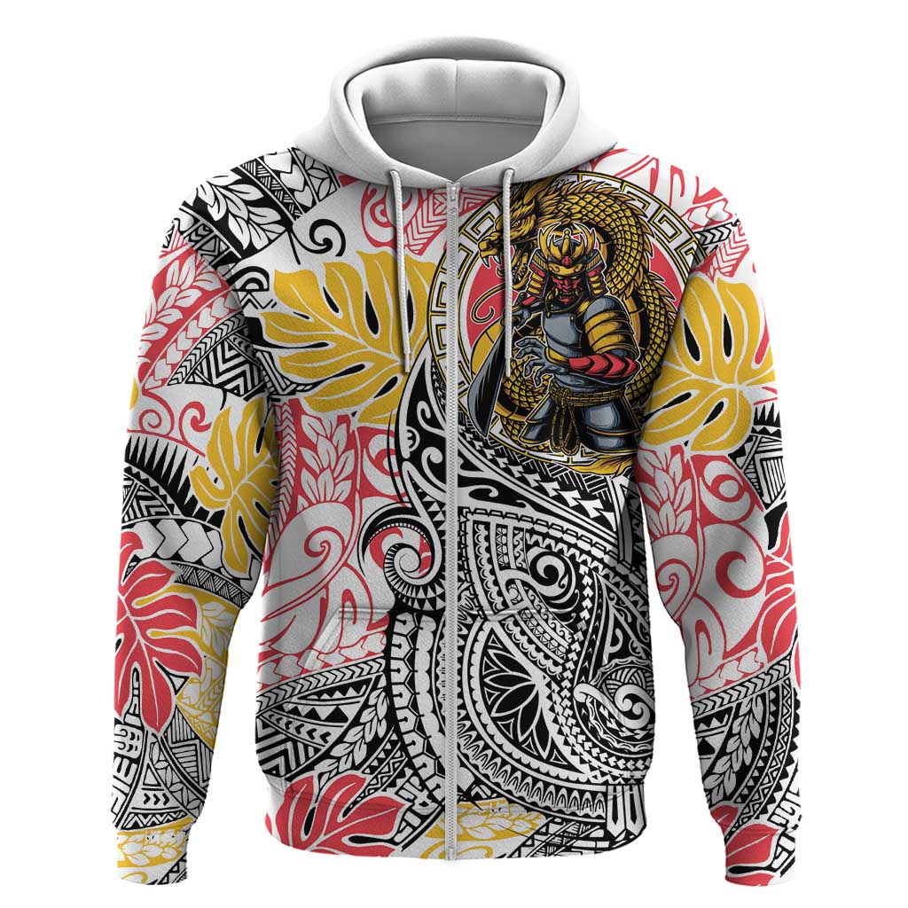Japanese Samurai Warrior Hoodie Colorful Polynesian Tattoo Style LT9 Zip Hoodie White - Polynesian Pride