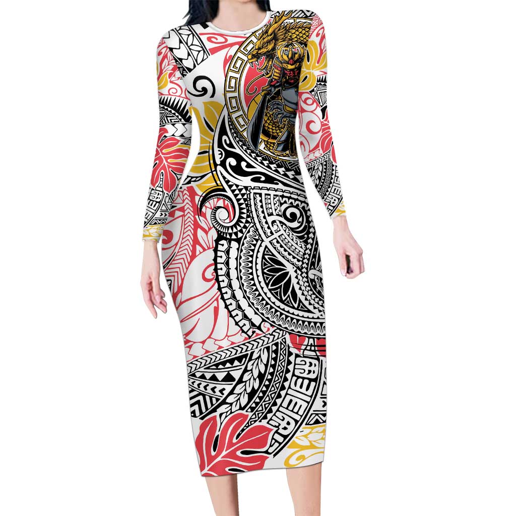 Japanese Samurai Warrior Long Sleeve Bodycon Dress Colorful Polynesian Tattoo Style LT9 Long Dress White - Polynesian Pride