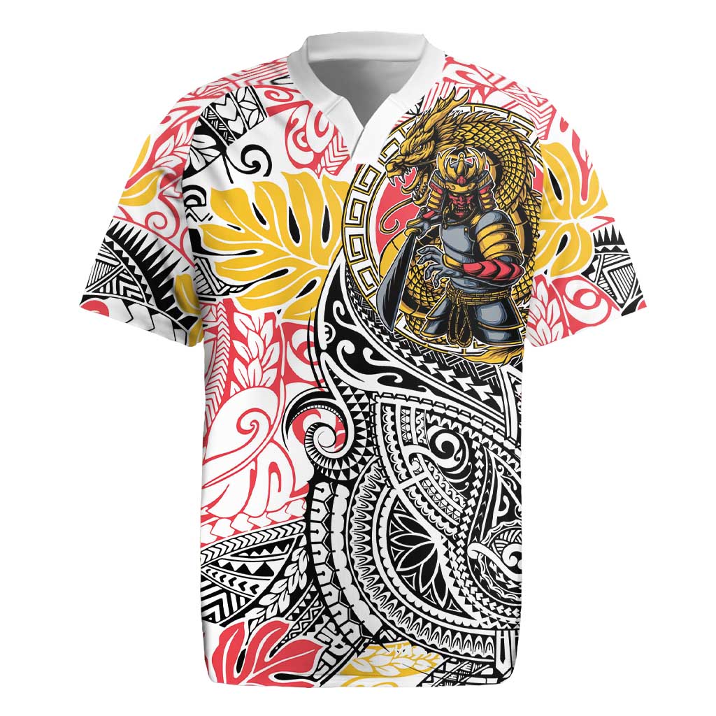 Japanese Samurai Warrior Rugby Jersey Colorful Polynesian Tattoo Style LT9 White - Polynesian Pride