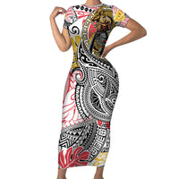 Japanese Samurai Warrior Short Sleeve Bodycon Dress Colorful Polynesian Tattoo Style LT9 Long Dress White - Polynesian Pride