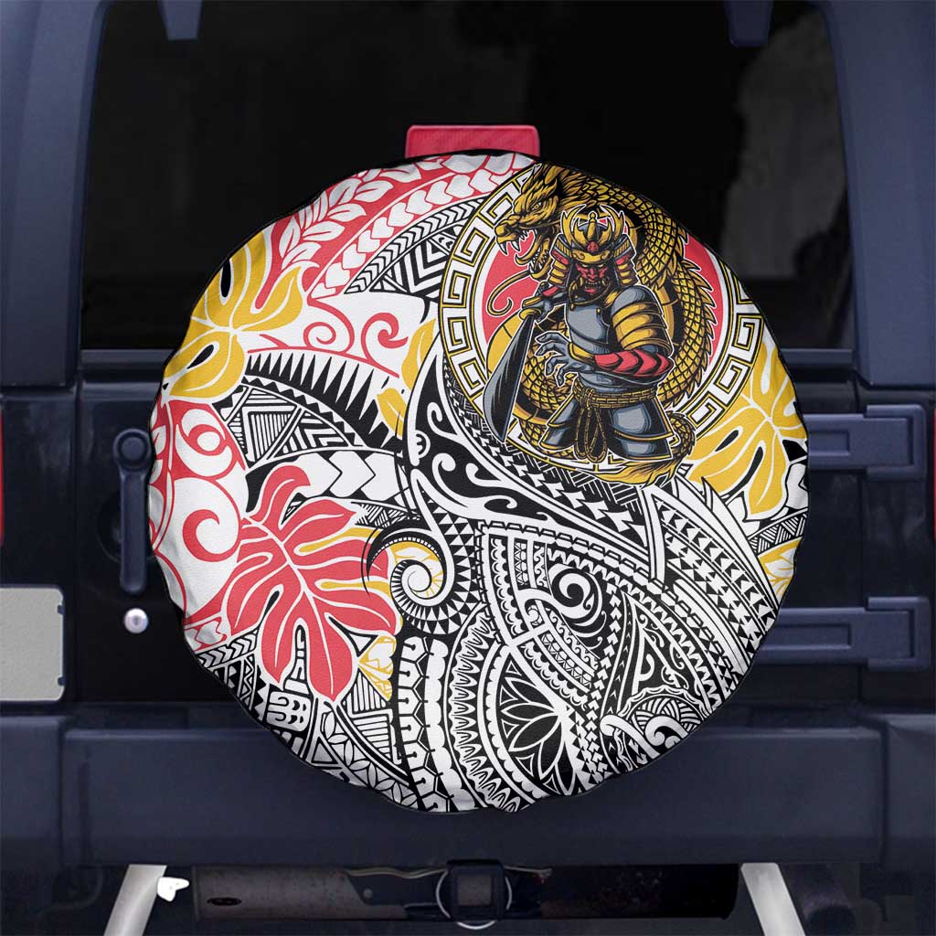 Japanese Samurai Warrior Spare Tire Cover Colorful Polynesian Tattoo Style LT9 No hole White - Polynesian Pride