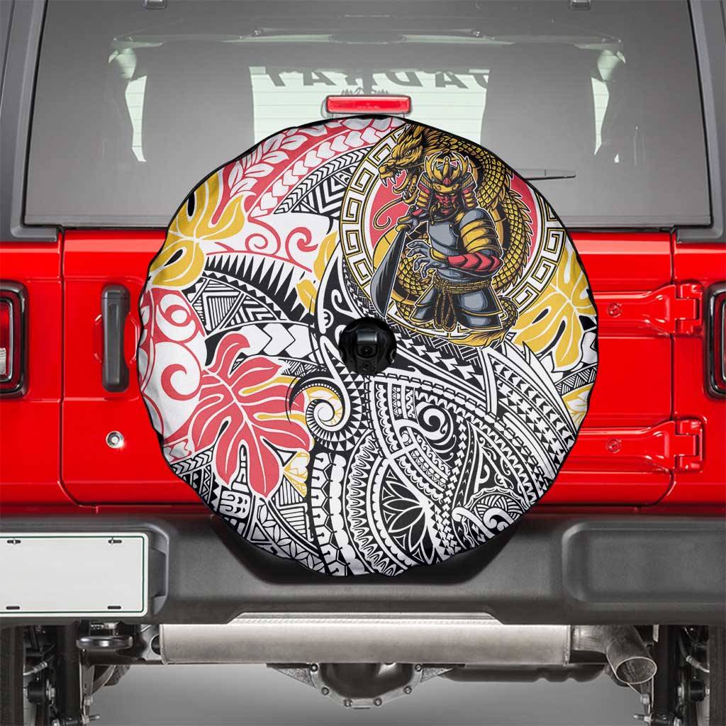 Japanese Samurai Warrior Spare Tire Cover Colorful Polynesian Tattoo Style LT9 - Polynesian Pride