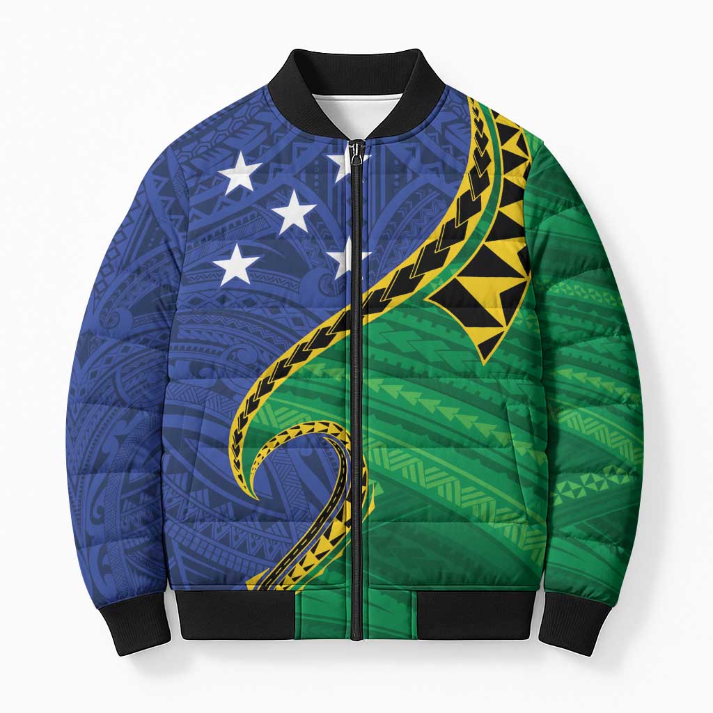 Solomon Islands Independence Day 1978 Personalised Bomber Puffer Jacket Polynesian Pattern with Flag Style LT9 Unisex Blue - Polynesian Pride