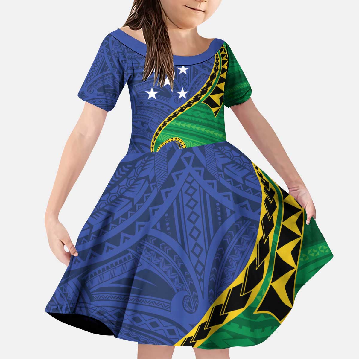 Solomon Islands Independence Day 1978 Personalised Kid Short Sleeve Dress Polynesian Pattern with Flag Style LT9 KID Blue - Polynesian Pride
