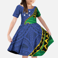 Solomon Islands Independence Day 1978 Personalised Kid Short Sleeve Dress Polynesian Pattern with Flag Style LT9 KID Blue - Polynesian Pride