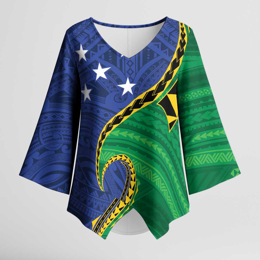 Solomon Islands Independence Day 1978 Personalised Kimono Sleeve Blouse Polynesian Pattern with Flag Style LT9 Female Blue - Polynesian Pride