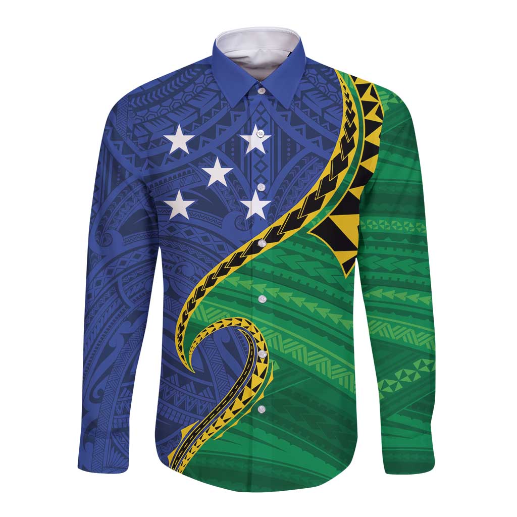 Solomon Islands Independence Day 1978 Personalised Long Sleeve Button Shirt Polynesian Pattern with Flag Style LT9 Unisex Blue - Polynesian Pride