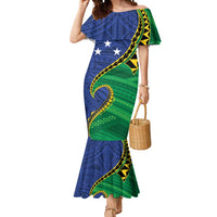 Solomon Islands Independence Day 1978 Personalised Mermaid Dress Polynesian Pattern with Flag Style LT9 Women Blue - Polynesian Pride