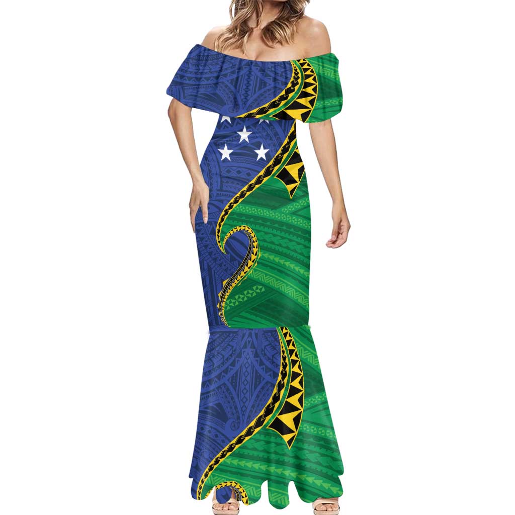 Solomon Islands Independence Day 1978 Personalised Mermaid Dress Polynesian Pattern with Flag Style LT9 - Polynesian Pride