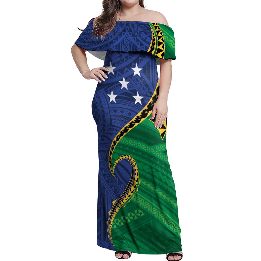 Solomon Islands Independence Day 1978 Personalised Off Shoulder Maxi Dress Polynesian Pattern with Flag Style LT9 Women Blue - Polynesian Pride
