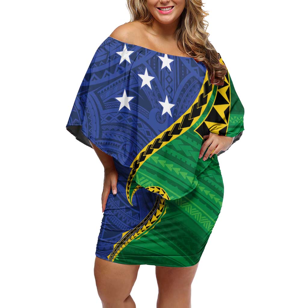 Solomon Islands Independence Day 1978 Personalised Off Shoulder Short Dress Polynesian Pattern with Flag Style LT9 Women Blue - Polynesian Pride