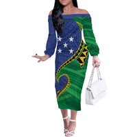 Solomon Islands Independence Day 1978 Personalised Off The Shoulder Long Sleeve Dress Polynesian Pattern with Flag Style LT9 Women Blue - Polynesian Pride