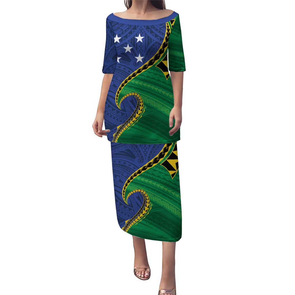 Solomon Islands Independence Day 1978 Personalised Puletasi Polynesian Pattern with Flag Style LT9 Long Dress Blue - Polynesian Pride