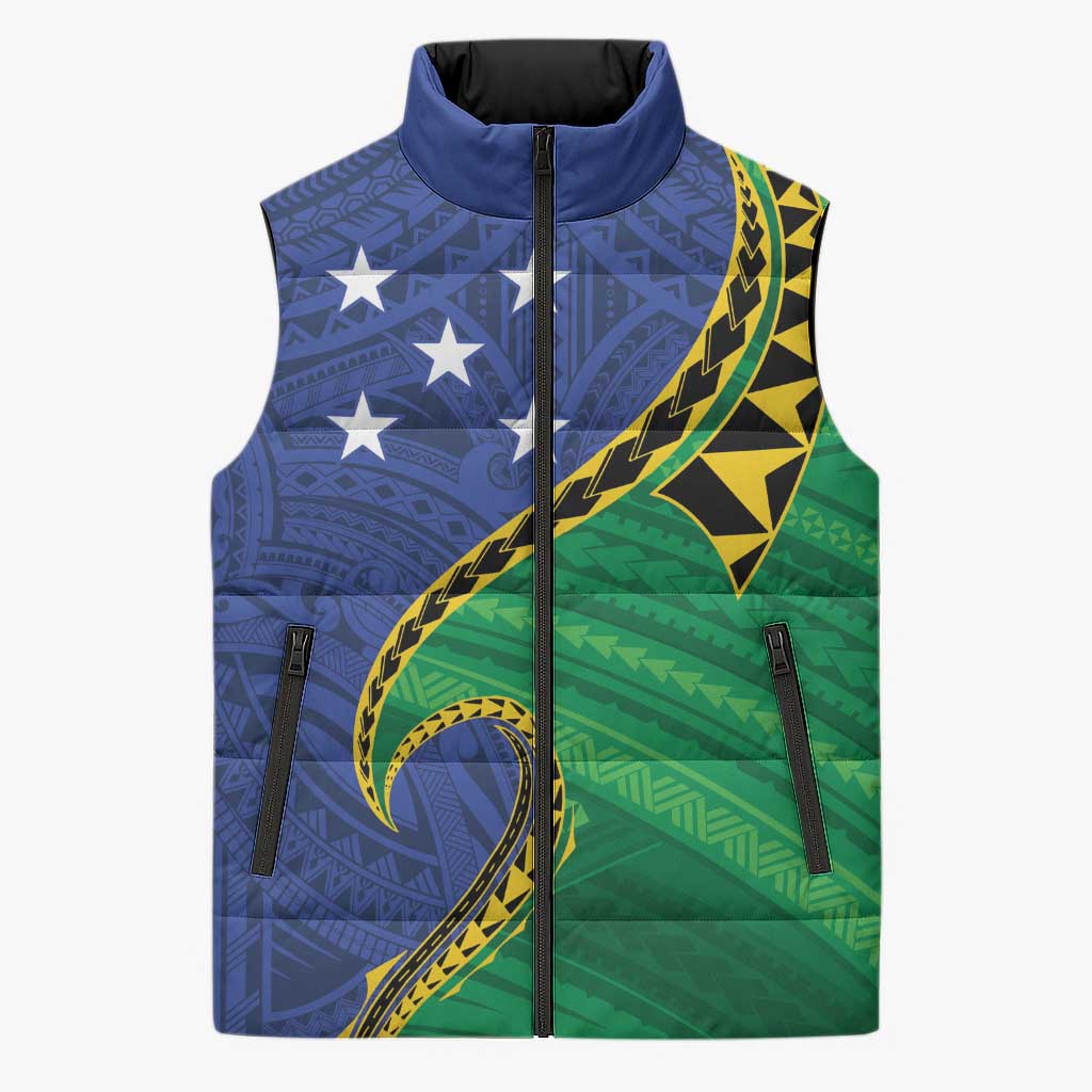Solomon Islands Independence Day 1978 Personalised Sleeveless Puffer Jacket Polynesian Pattern with Flag Style LT9 Unisex Blue - Polynesian Pride