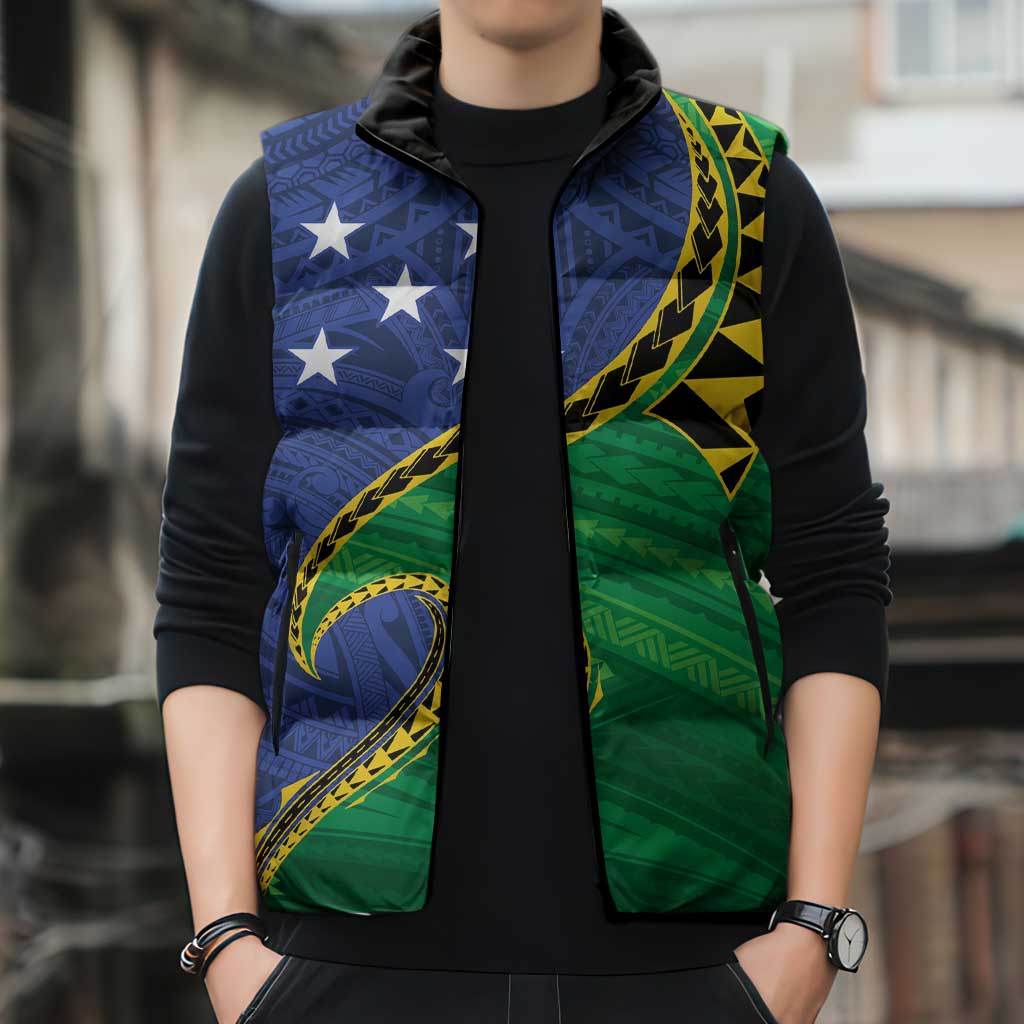 Solomon Islands Independence Day 1978 Personalised Sleeveless Puffer Jacket Polynesian Pattern with Flag Style LT9 - Polynesian Pride