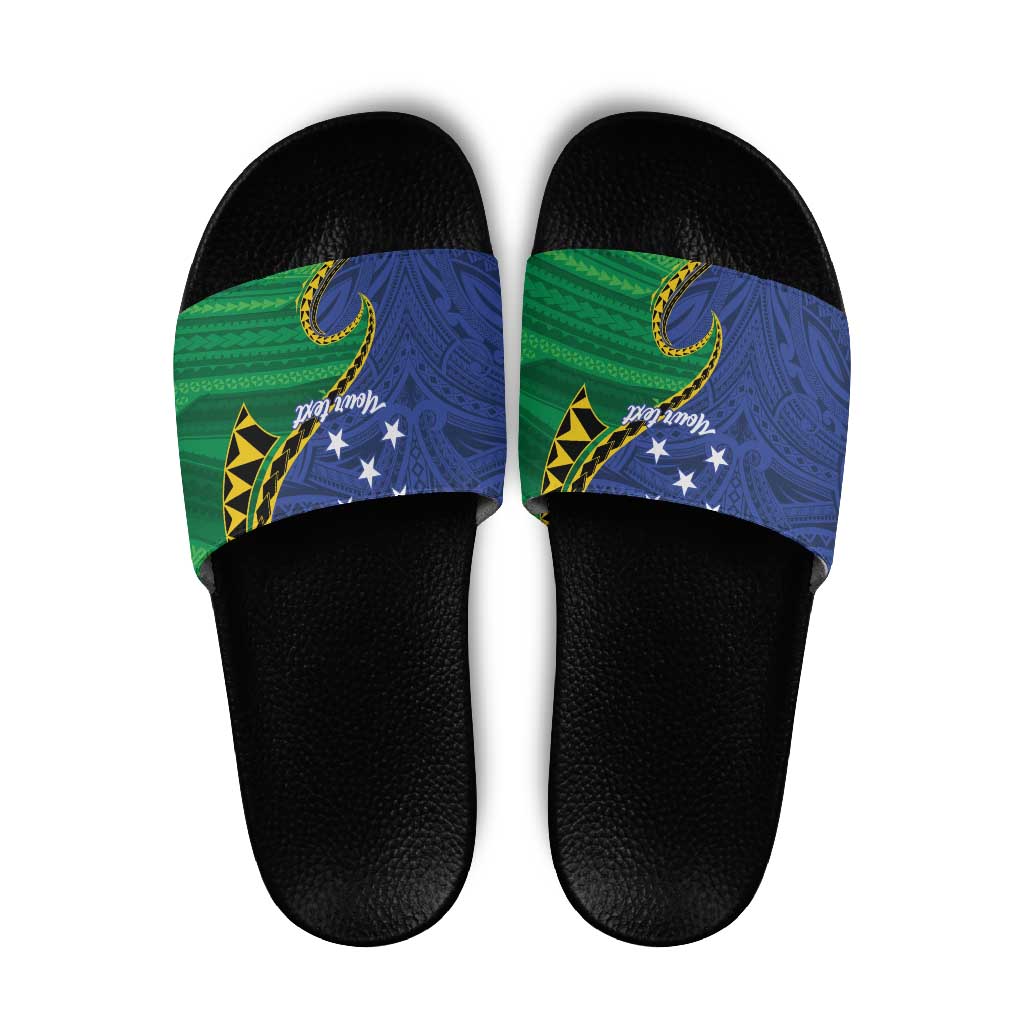 Solomon Islands Independence Day 1978 Personalised Slide Sandals Polynesian Pattern with Flag Style LT9 Blue - Polynesian Pride