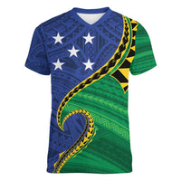 Solomon Islands Independence Day 1978 Personalised Women V-Neck T-Shirt Polynesian Pattern with Flag Style LT9 Female Blue - Polynesian Pride