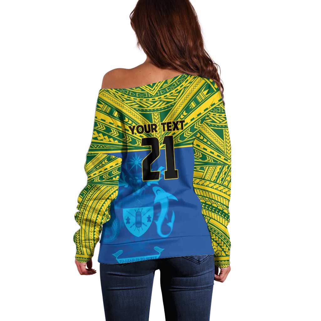 Solomon Islands Rugby Custom Off Shoulder Sweater Simple Coat of arm Polynesian Pattern LT9 - Polynesian Pride