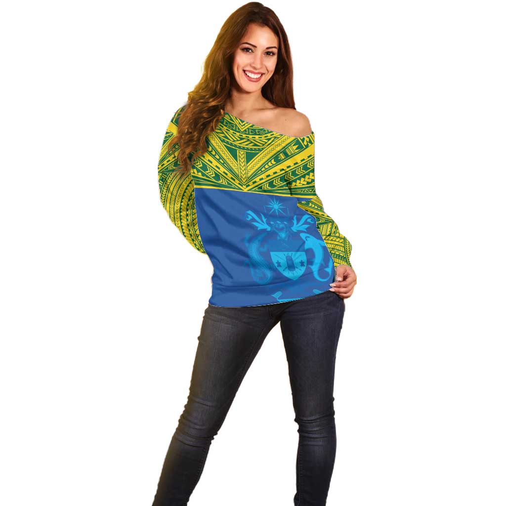 Solomon Islands Rugby Custom Off Shoulder Sweater Simple Coat of arm Polynesian Pattern LT9 - Polynesian Pride