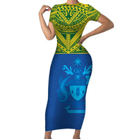 Solomon Islands Rugby Custom Short Sleeve Bodycon Dress Simple Coat of arm Polynesian Pattern LT9 Long Dress Gold - Polynesian Pride