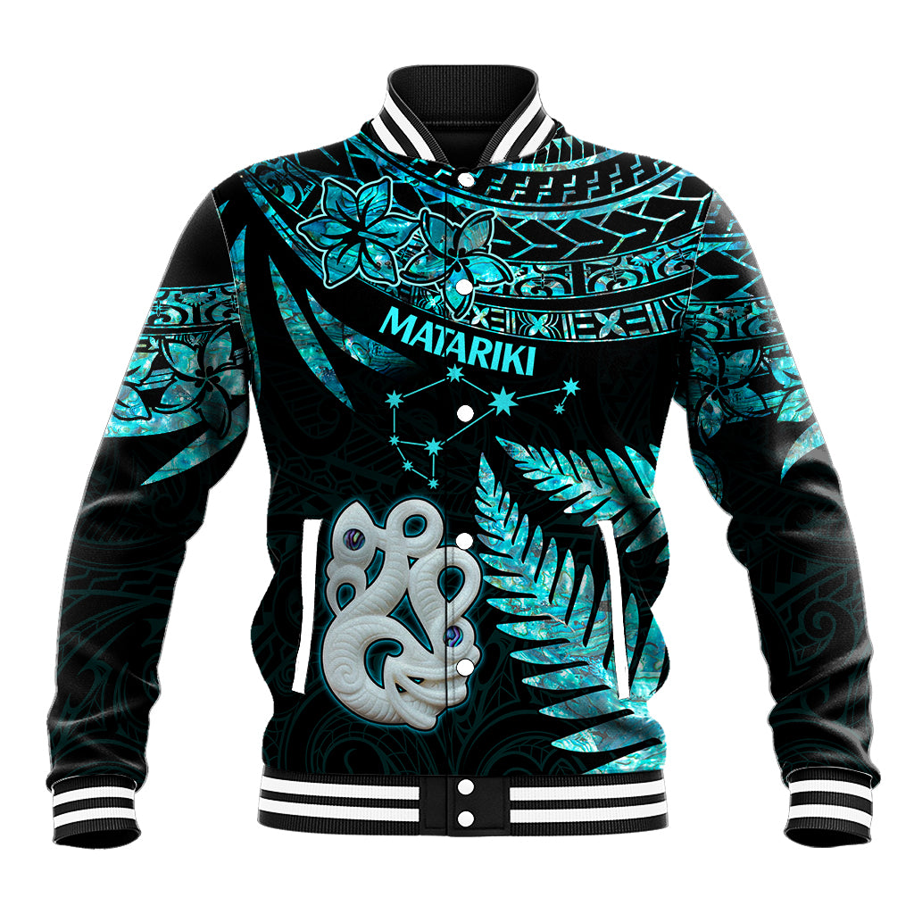 Matariki New Zealand Baseball Jacket Maori Manaia with Paua Shell - Aqua LT9 Unisex Aqua - Polynesian Pride