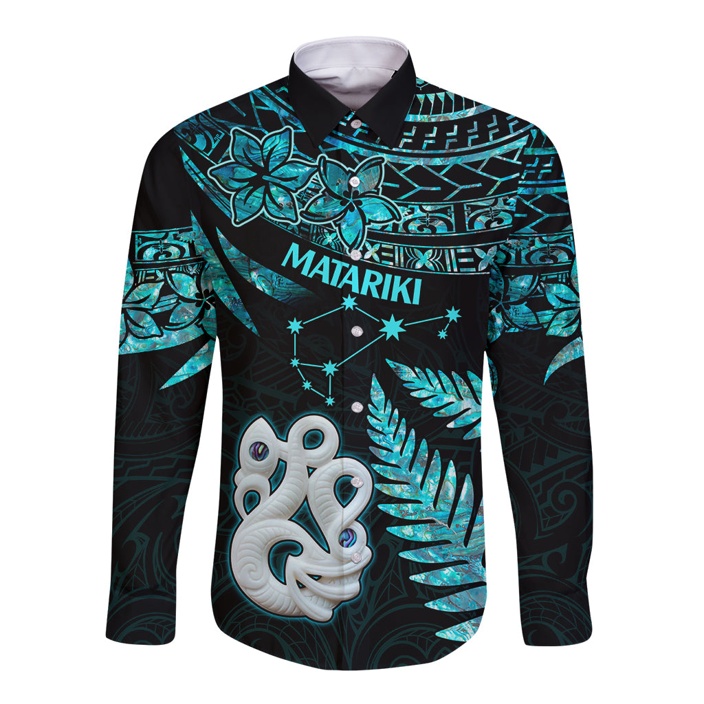 Matariki New Zealand Long Sleeve Button Shirt Maori Manaia with Paua Shell - Aqua LT9 Unisex Aqua - Polynesian Pride