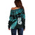 Matariki New Zealand Off Shoulder Sweater Maori Manaia with Paua Shell - Aqua LT9 - Polynesian Pride