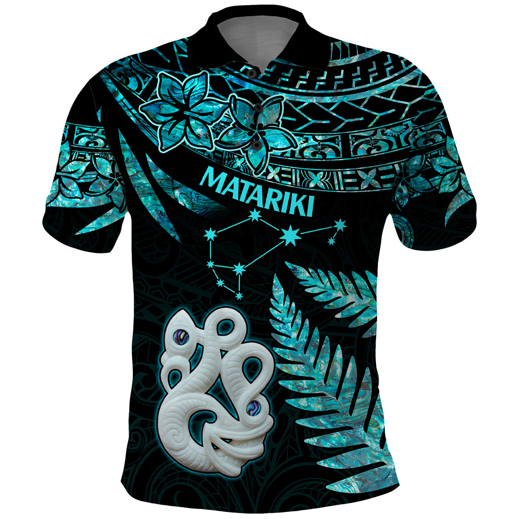 Matariki New Zealand Polo Shirt Maori Manaia with Paua Shell Aqua LT9 Aqua - Polynesian Pride