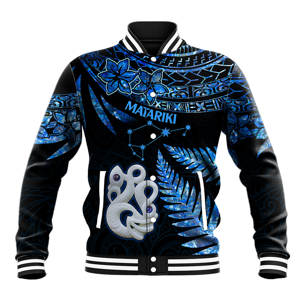 Matariki New Zealand Baseball Jacket Maori Manaia with Paua Shell - Blue LT9 Unisex Blue - Polynesian Pride