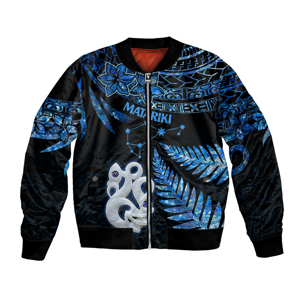 Matariki New Zealand Bomber Jacket Maori Manaia with Paua Shell - Blue LT9 Unisex Blue - Polynesian Pride