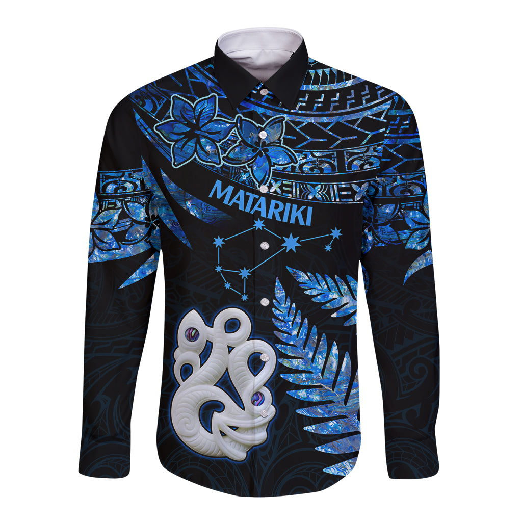 Matariki New Zealand Long Sleeve Button Shirt Maori Manaia with Paua Shell - Blue LT9 Unisex Blue - Polynesian Pride