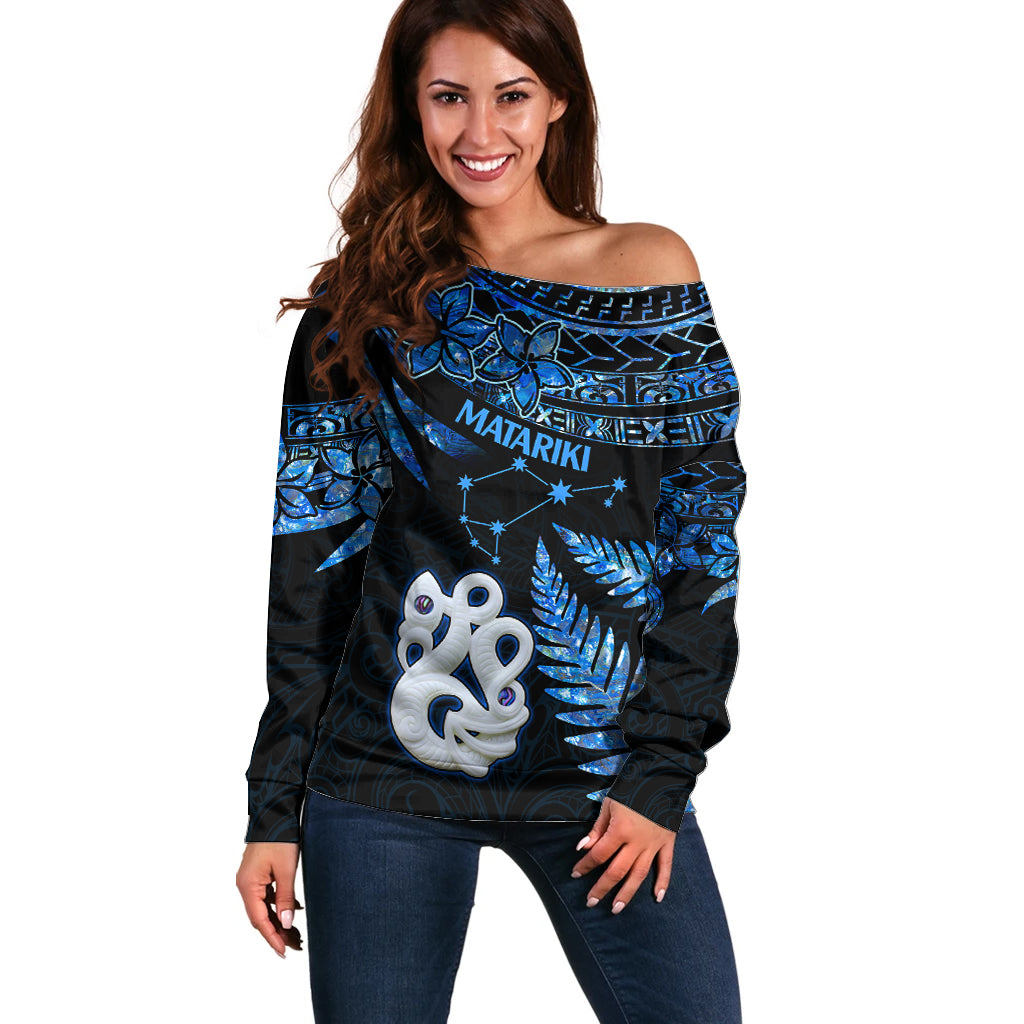 Matariki New Zealand Off Shoulder Sweater Maori Manaia with Paua Shell - Blue LT9 Women Blue - Polynesian Pride