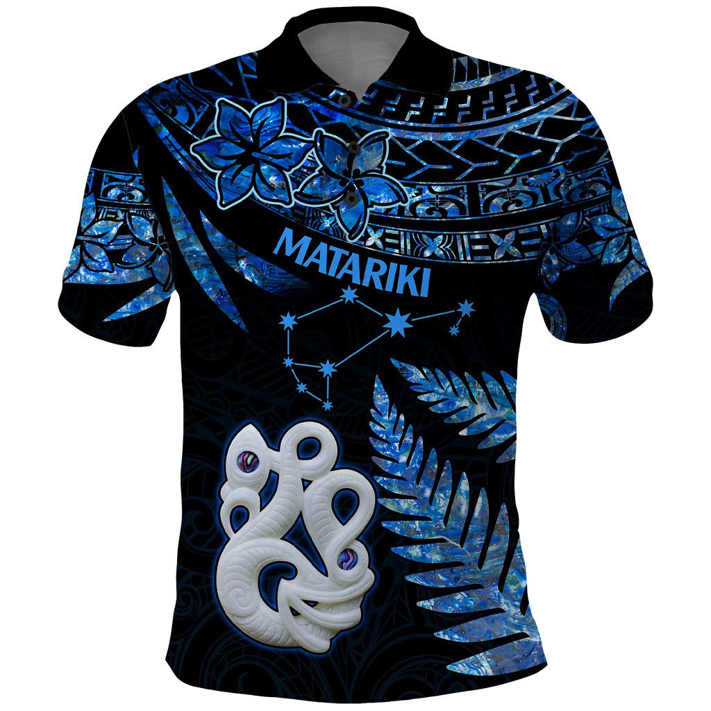 Matariki New Zealand Polo Shirt Maori Manaia with Paua Shell Blue LT9 Blue - Polynesian Pride