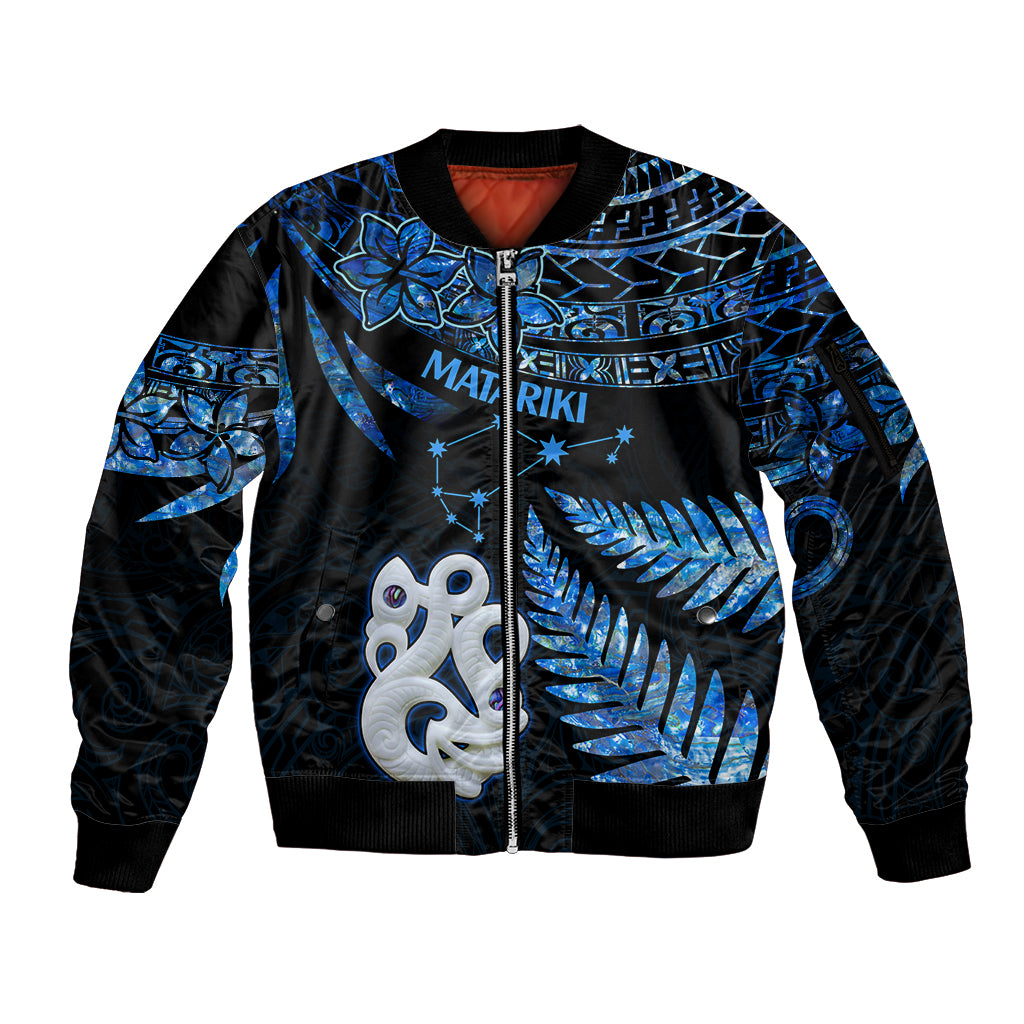 Matariki New Zealand Sleeve Zip Bomber Jacket Maori Manaia with Paua Shell - Blue LT9 Unisex Blue - Polynesian Pride