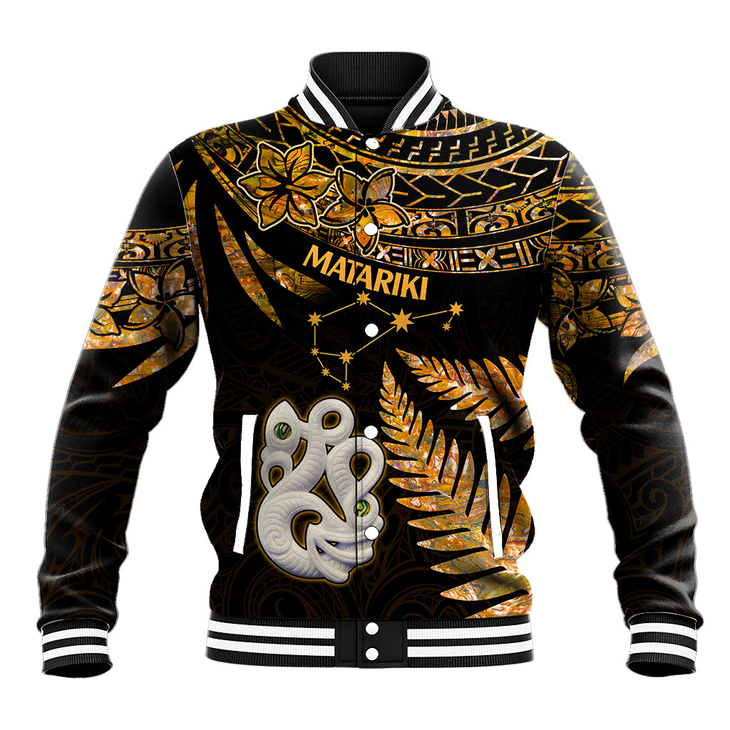 Maori Baseball Jacket Matariki Stars Manaia with Paua Shell - Gold LT9 Unisex Gold - Polynesian Pride