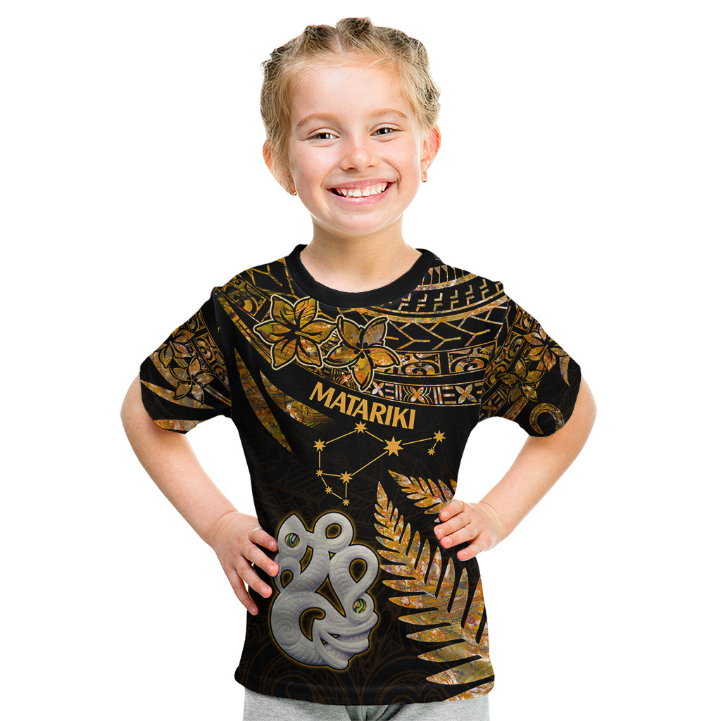 Maori Kid T Shirt Matariki Stars Manaia with Paua Shell - Gold LT9 Gold - Polynesian Pride