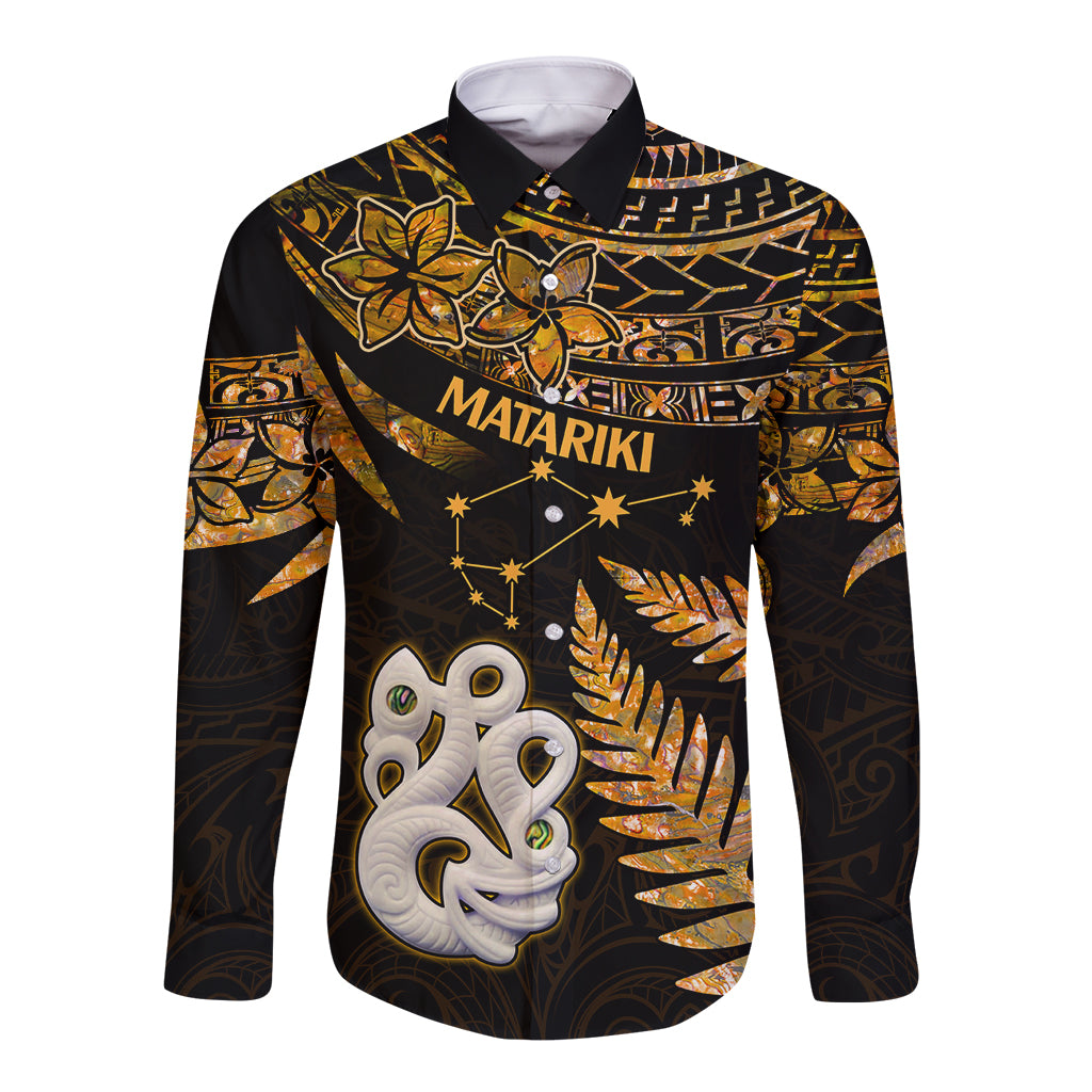 Maori Long Sleeve Button Shirt Matariki Stars Manaia with Paua Shell - Gold LT9 Unisex Gold - Polynesian Pride