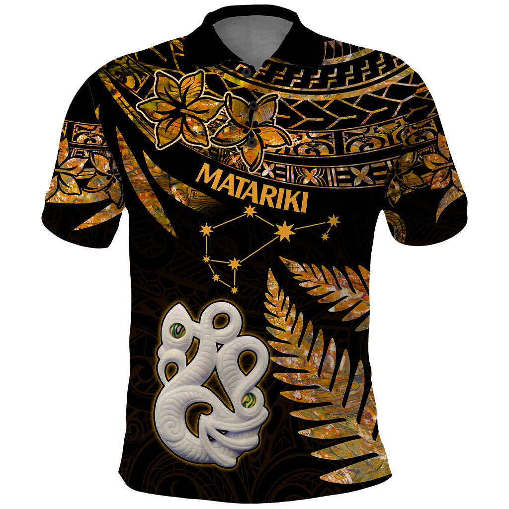 Maori Polo Shirt Matariki Stars Manaia with Paua Shell Gold LT9 Gold - Polynesian Pride