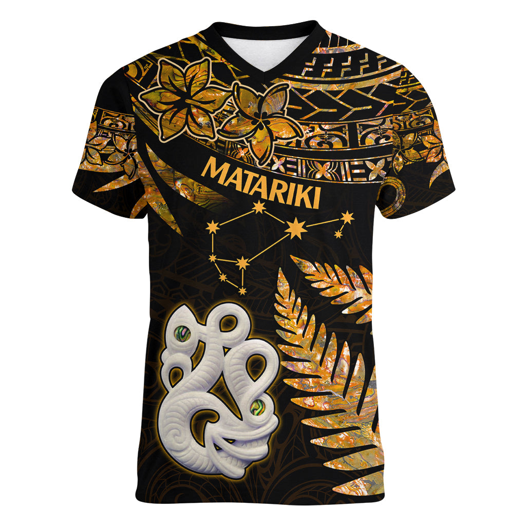 Maori Women V Neck T Shirt Matariki Stars Manaia with Paua Shell - Gold LT9 Female Gold - Polynesian Pride