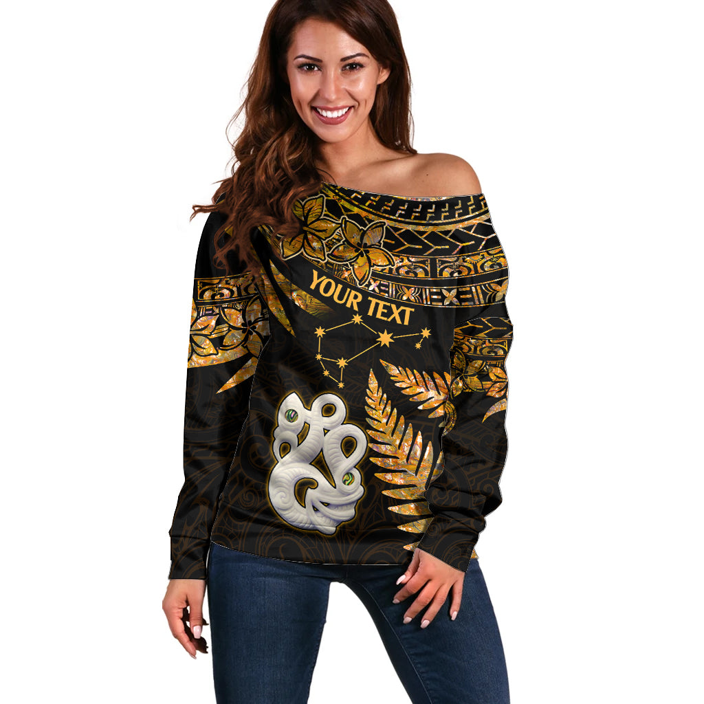 Custom Maori Off Shoulder Sweater Matariki Stars Manaia with Paua Shell - Gold LT9 Women Gold - Polynesian Pride