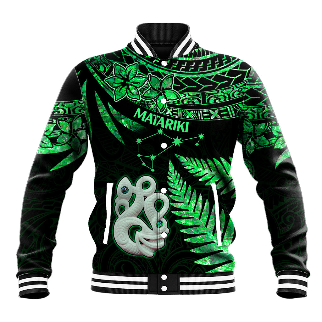 Maori Baseball Jacket Matariki Stars Manaia with Paua Shell - Green LT9 Unisex Green - Polynesian Pride