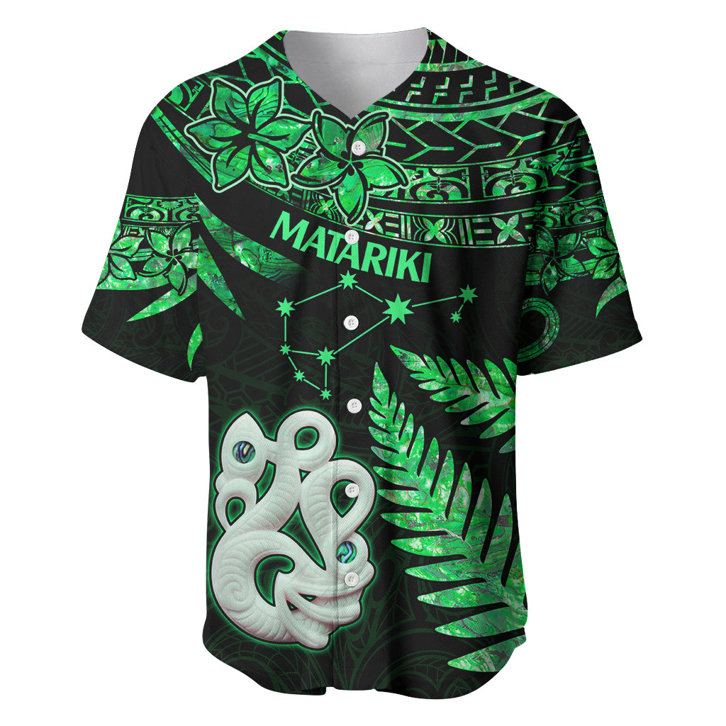 Maori Baseball Jersey Matariki Stars Manaia with Paua Shell - Green LT9 Green - Polynesian Pride