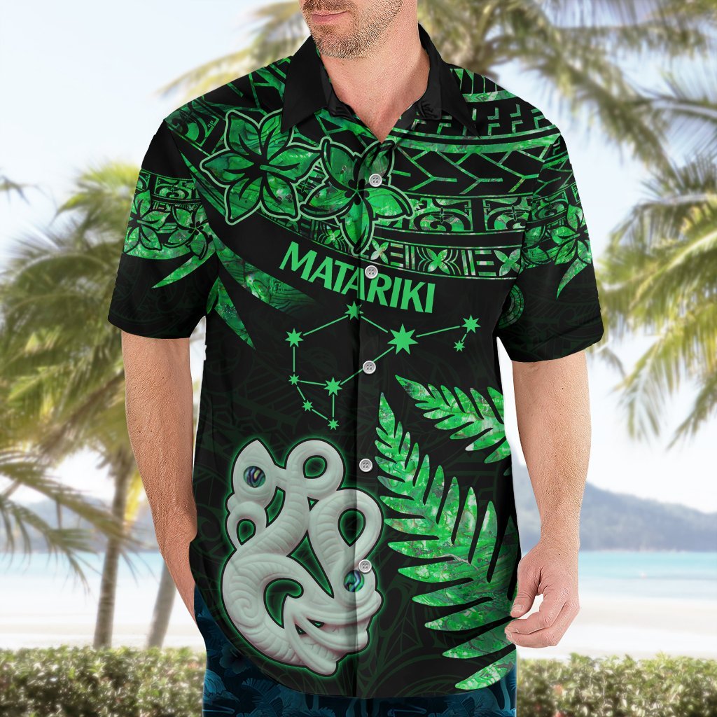 Maori Hawaiian Shirt Matariki Stars Manaia with Paua Shell - Green LT9 - Polynesian Pride